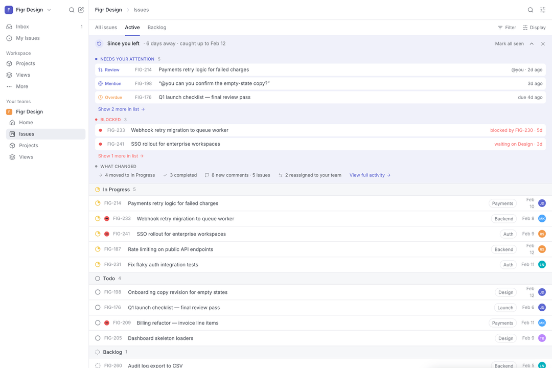 Figr-created Linear-style issue list with an expanded Since you left digest showing items needing attention, blocked work and recent changes
