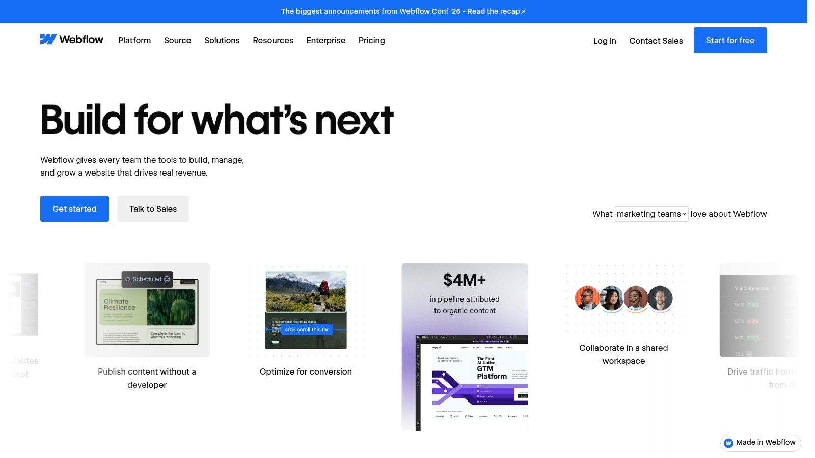 Homepage-style image representing Webflow AI with reusable code component generation inside a visual site builder