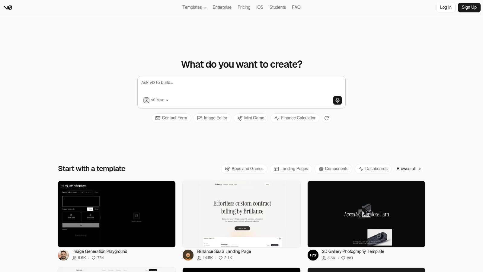 Product mockup of v0 by Vercel generating a React interface from a design prompt with code preview beside the canvas