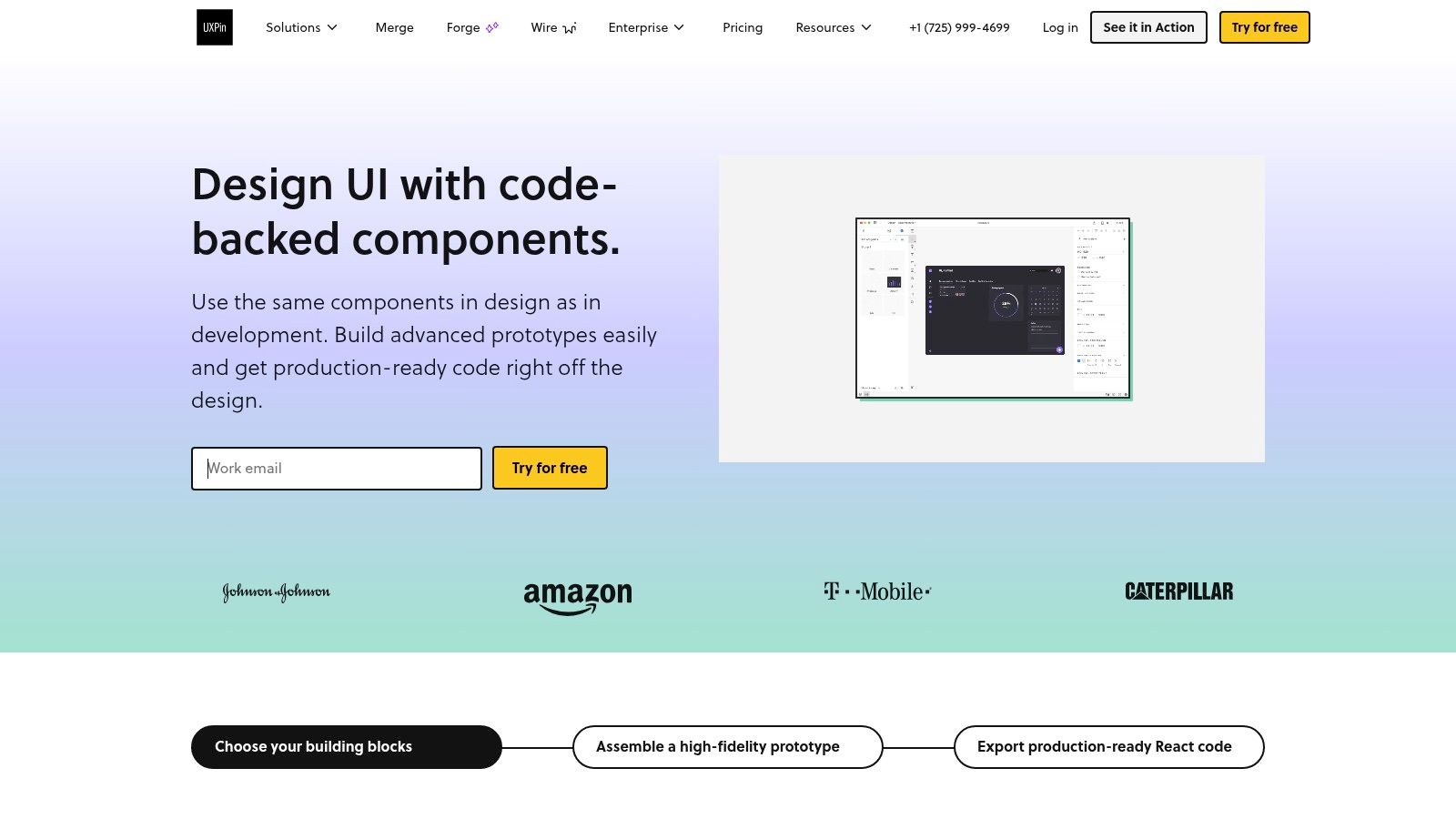 Screenshot of UXPin showing component-based prototyping and code-backed design system setup