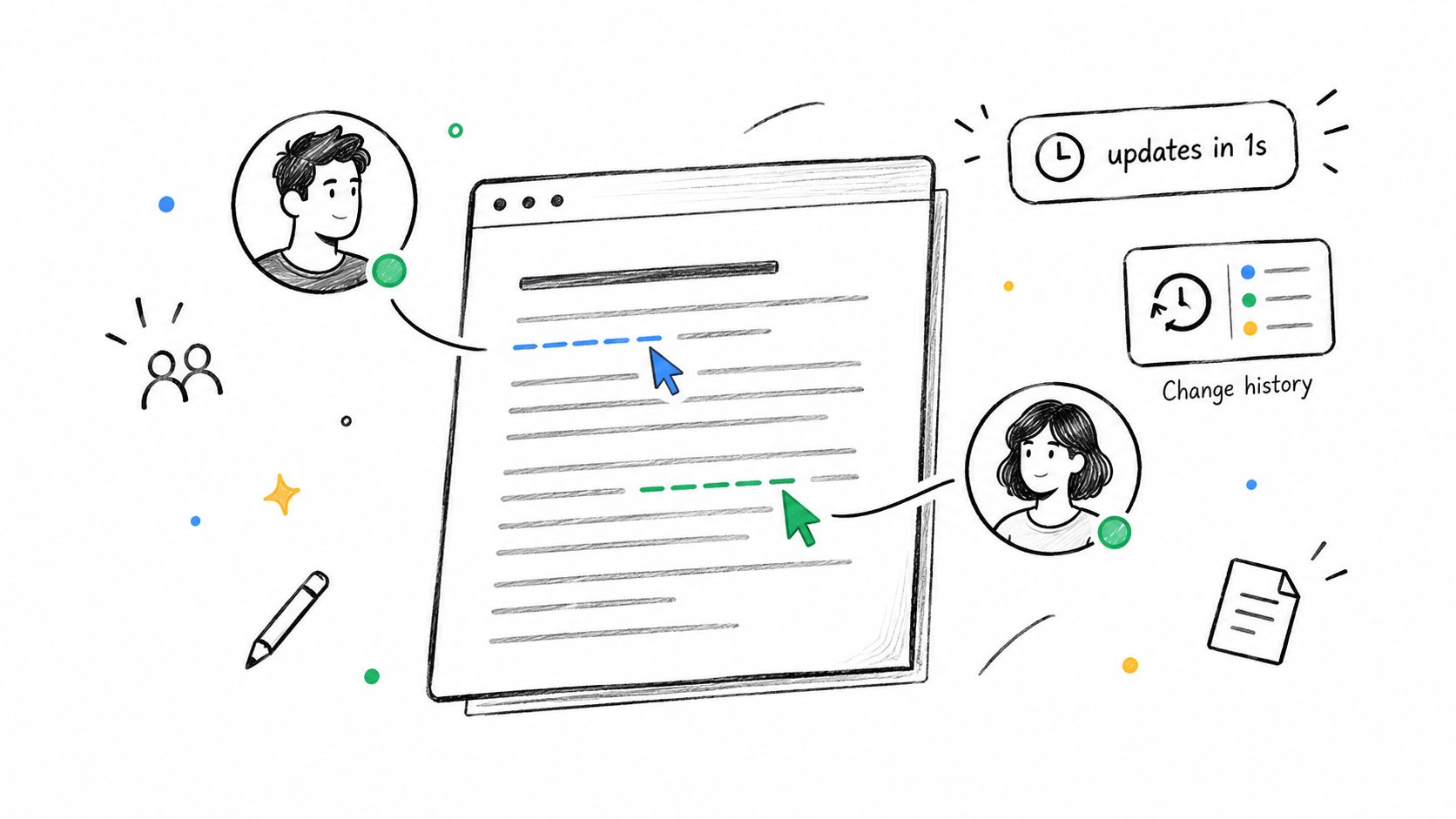 An illustration showing two people collaborating on a document with real-time updates and change history features.