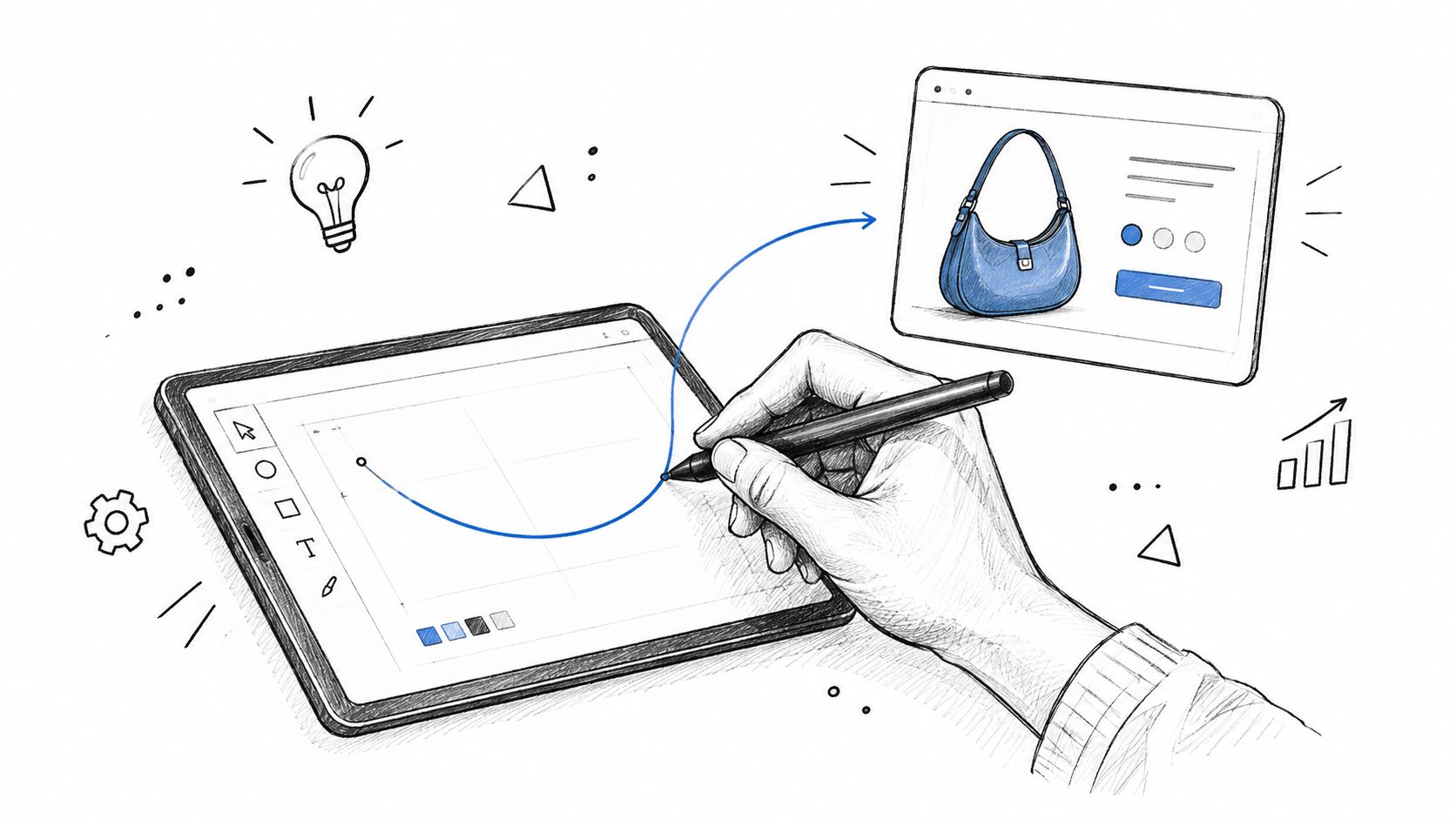 A hand using a digital pen on a tablet to design a blue handbag illustration.