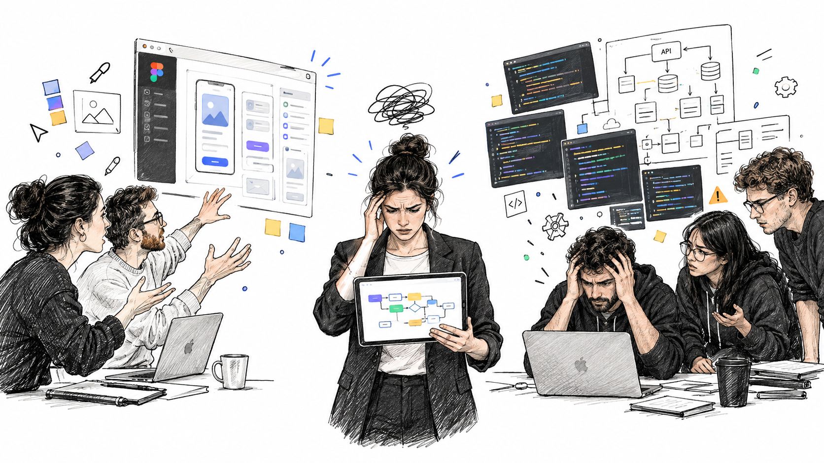 A professional illustration showing developers and designers overwhelmed by complex software project workflows and UI design tasks.