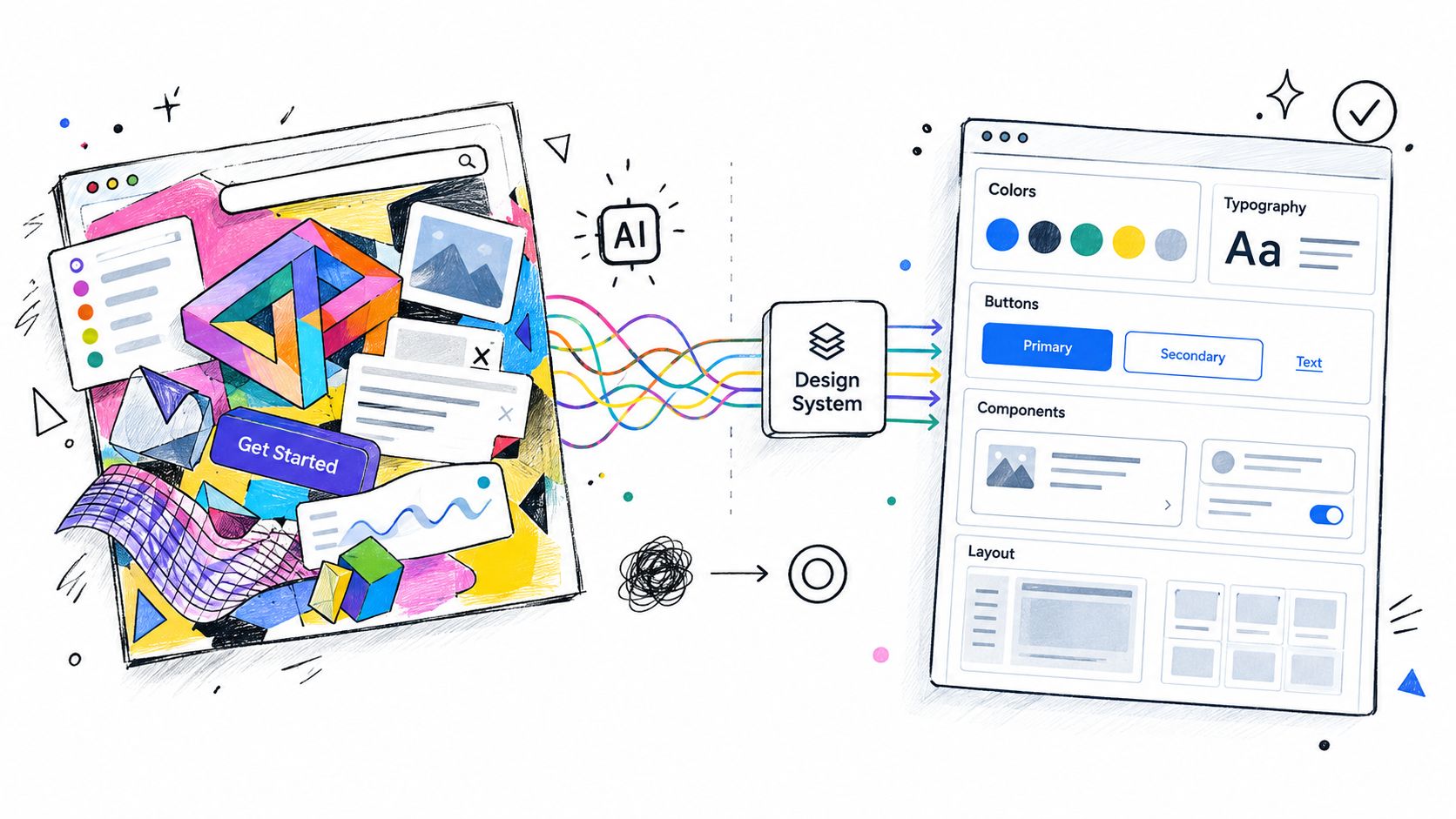 A hand-drawn illustration showing AI transforming chaotic design elements into an organized digital design system structure.