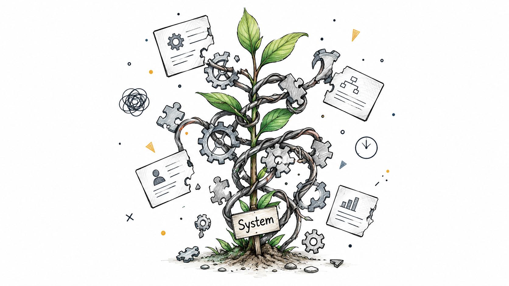 A conceptual illustration of a plant growing with gears, puzzle pieces, and business charts around it.