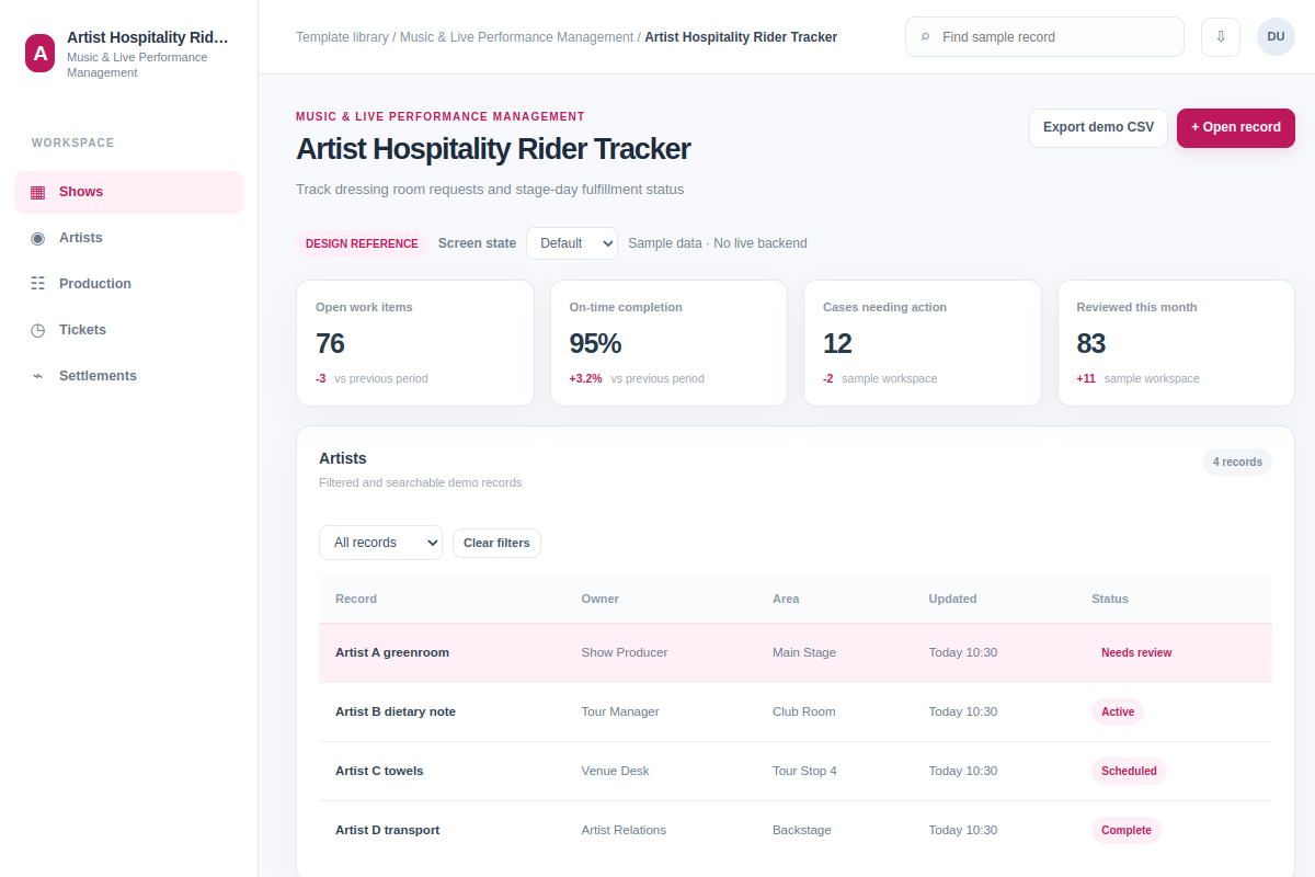 Artist Hospitality Rider Tracker
