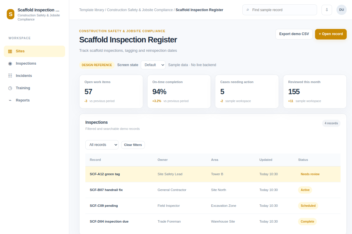 Scaffold Inspection Register