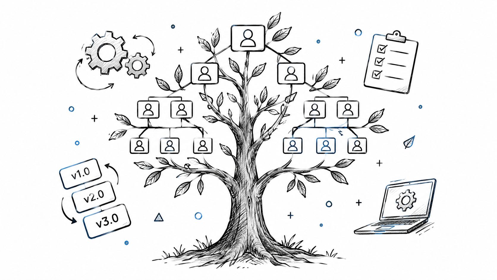 A conceptual sketch illustration showing an organizational tree structure with human icons, gears, and technological icons.