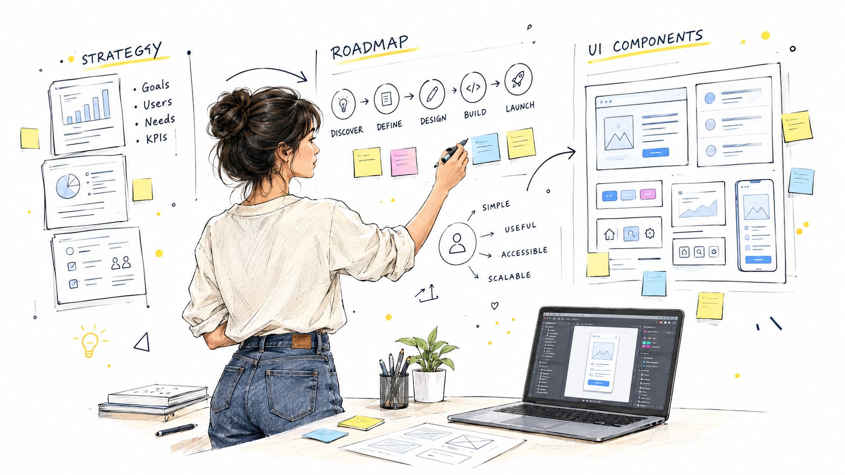 A female UI designer sketching a project roadmap and design system on a whiteboard in a studio.