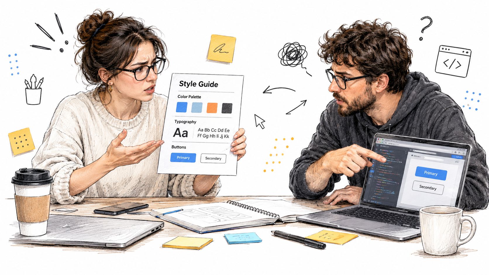 A woman and man collaborate while reviewing a style guide document and a web development project.
