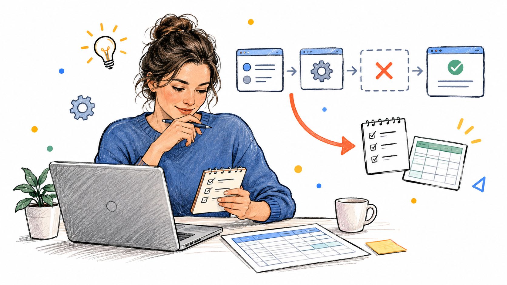 A woman sketching out a product development workflow with icons representing ideation, planning, and task management.