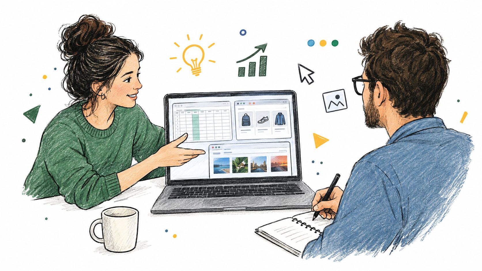 A woman and man collaborating on a digital marketing project using a laptop and notepad together.