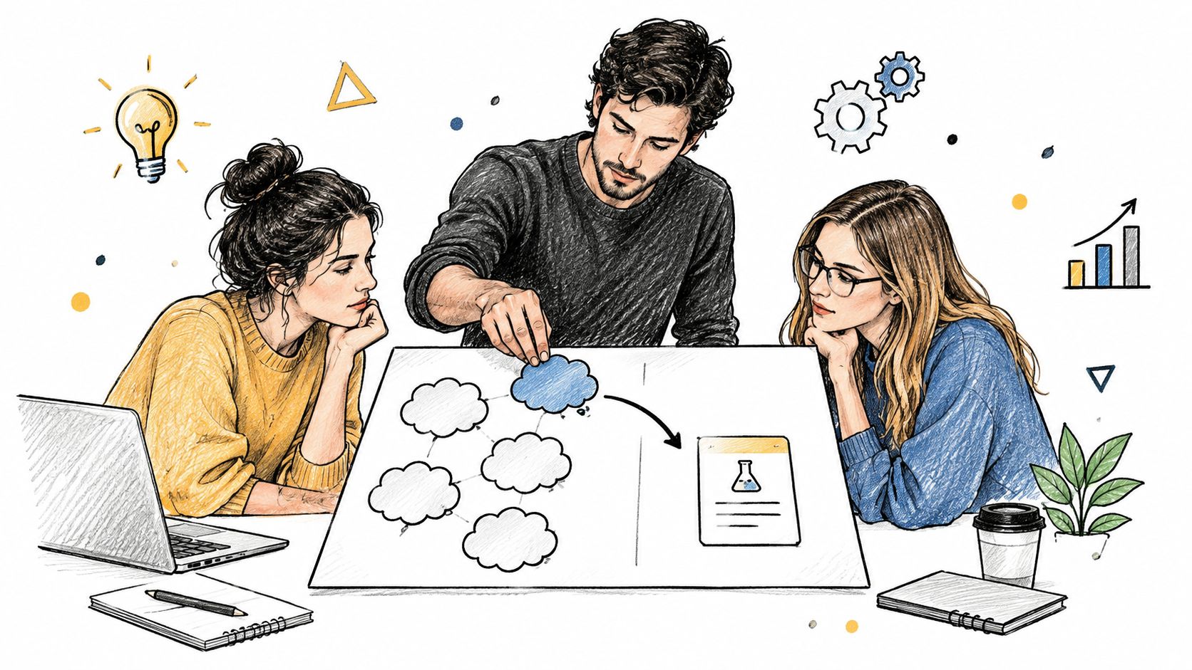 A team of three professionals collaborating on a product discovery strategy using a sketch board and laptop.