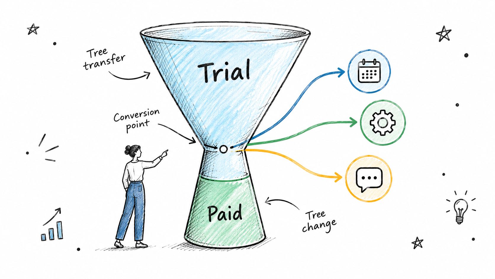 A hand-drawn illustration depicting a customer conversion funnel transitioning from a trial phase to a paid subscription.