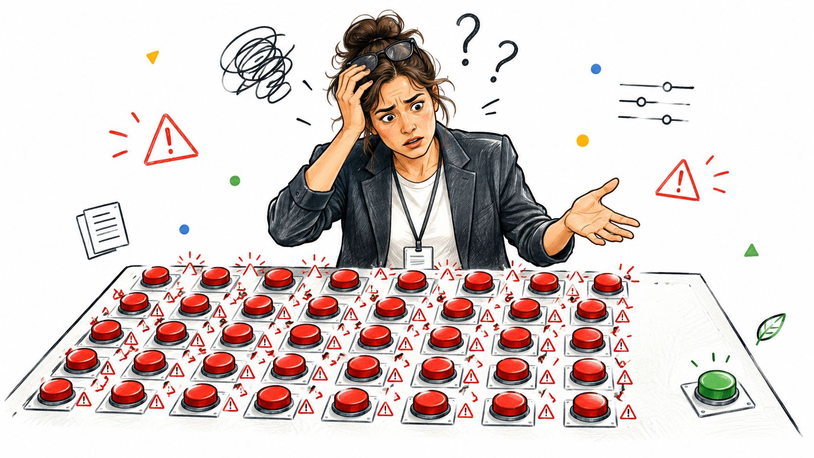 A stressed woman standing behind a control panel covered in numerous red alert buttons and one green button.