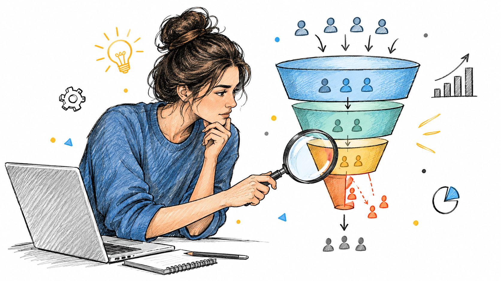 A woman analyzing a customer conversion funnel diagram on her laptop with a magnifying glass.