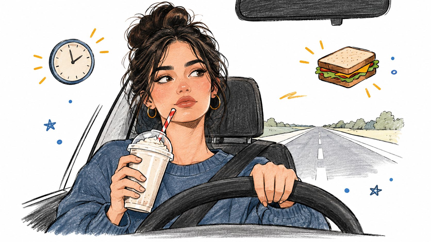 A woman driving a car while holding a drink, thinking about time and a sandwich.