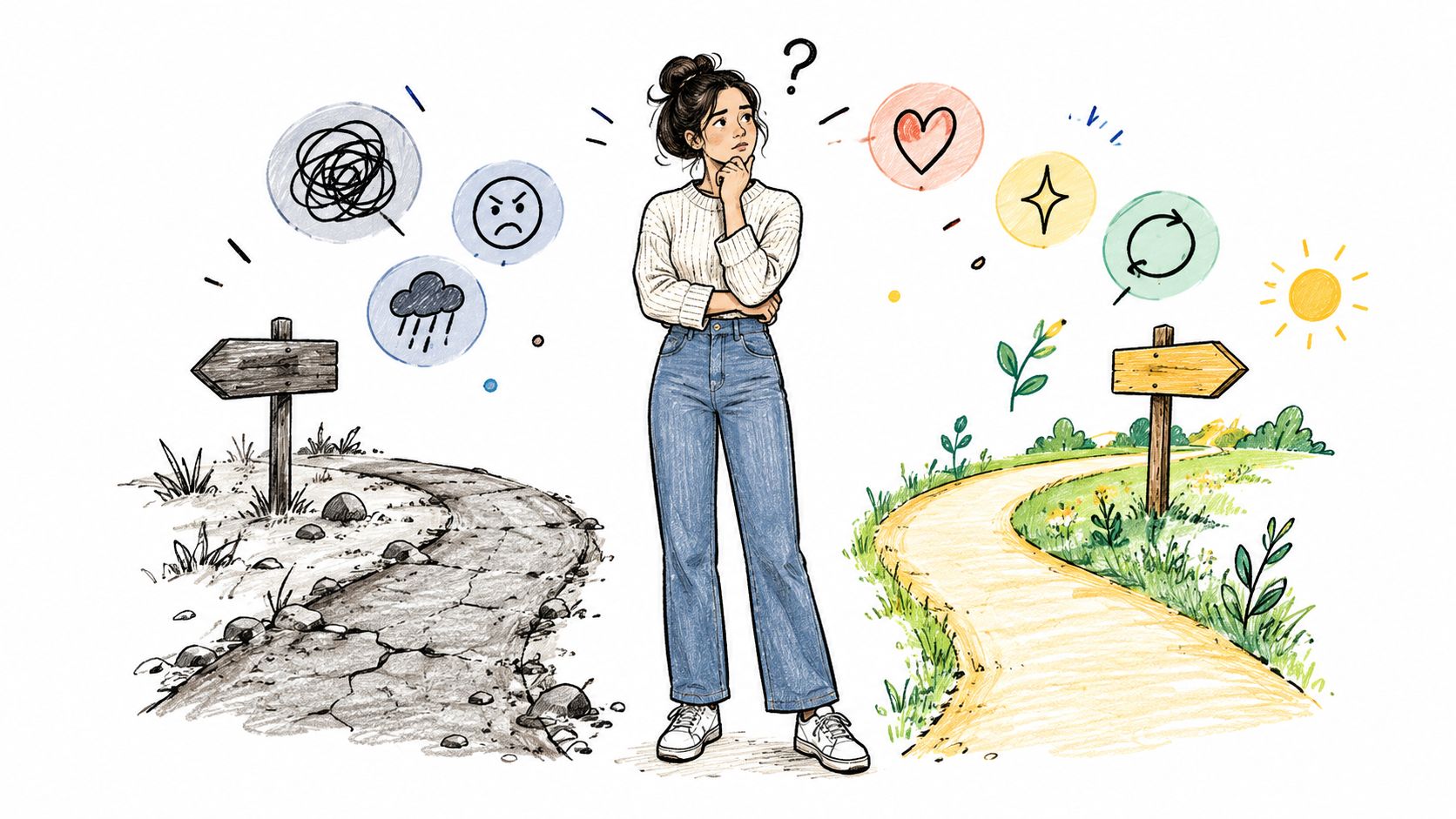 A woman stands between a dark, rocky path and a bright, sunny path, contemplating her life choices.