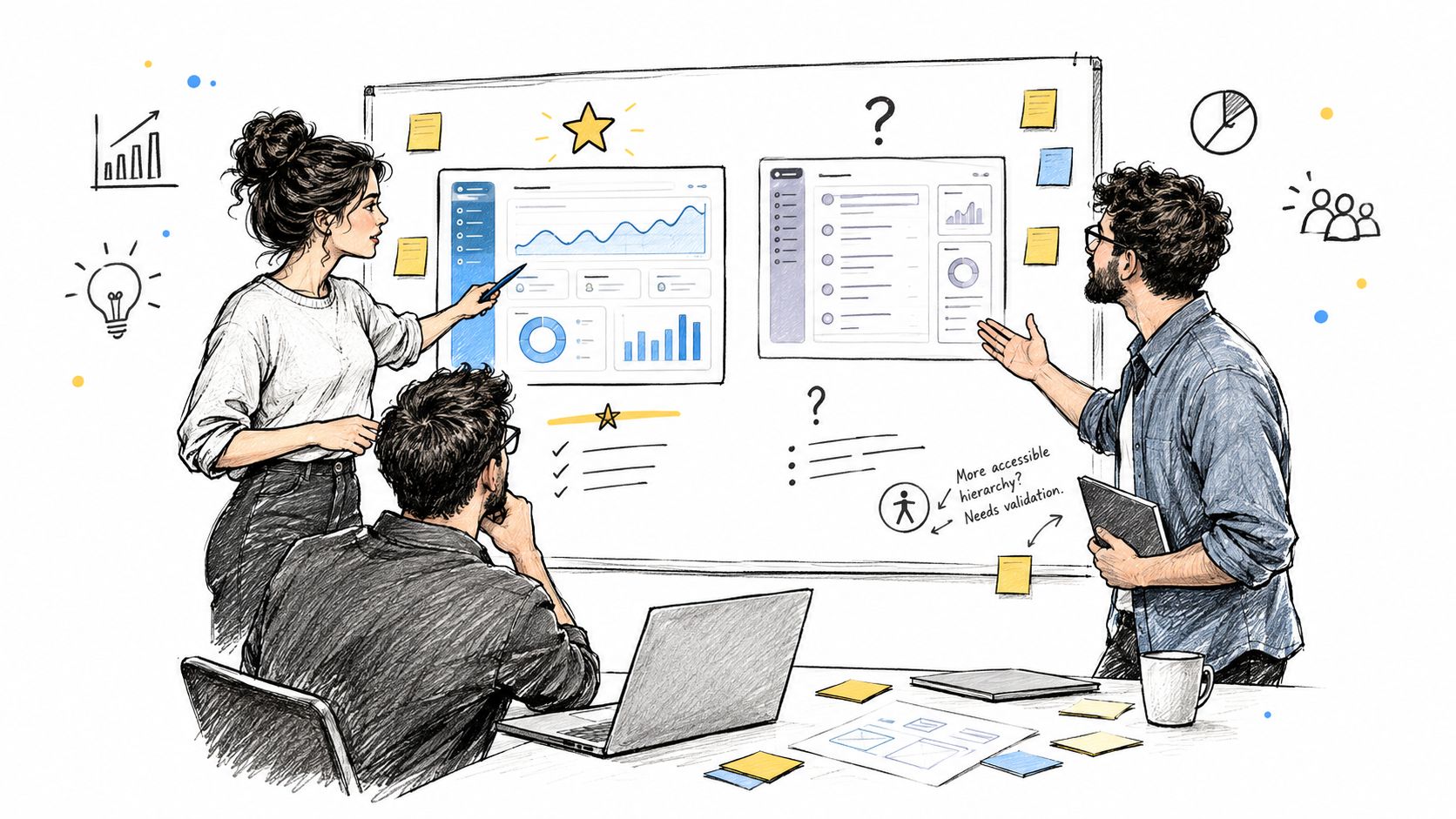 A team of three people collaborating on a UI design project using a whiteboard and laptop.