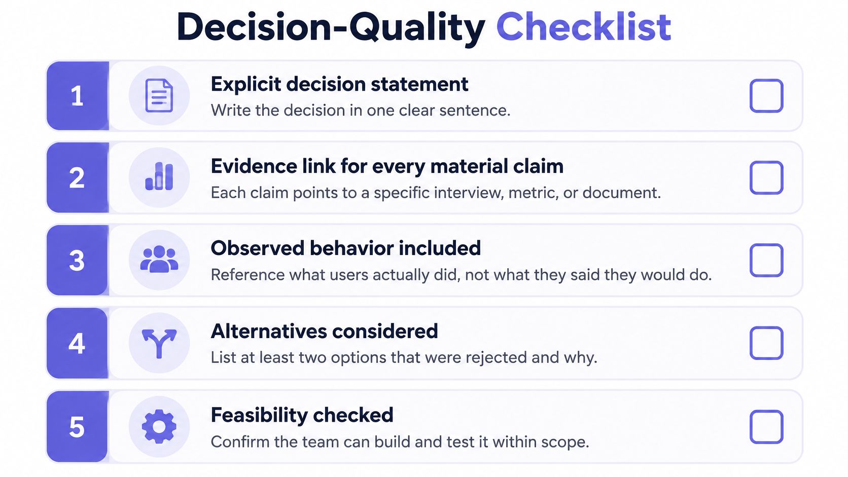 A five-point decision quality checklist for product teams to ensure evidence-based and well-reasoned project decisions.