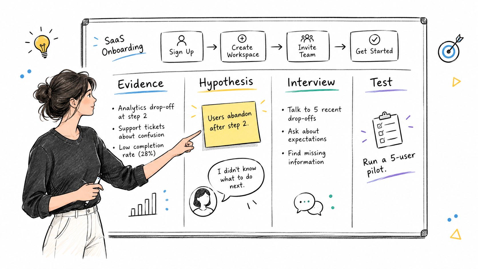 A woman presenter pointing to a whiteboard explaining a product discovery workshop process for SaaS onboarding.