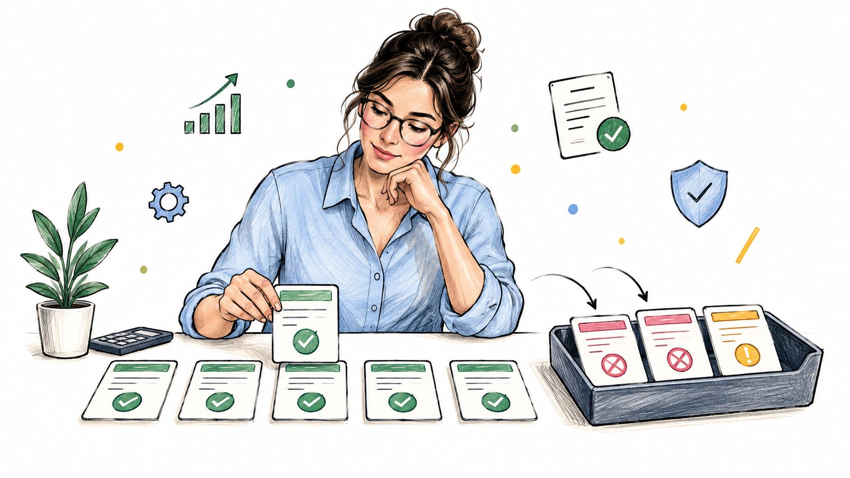 A woman organizing cards with checkmarks and icons on a desk representing efficient workflow management and task prioritization.