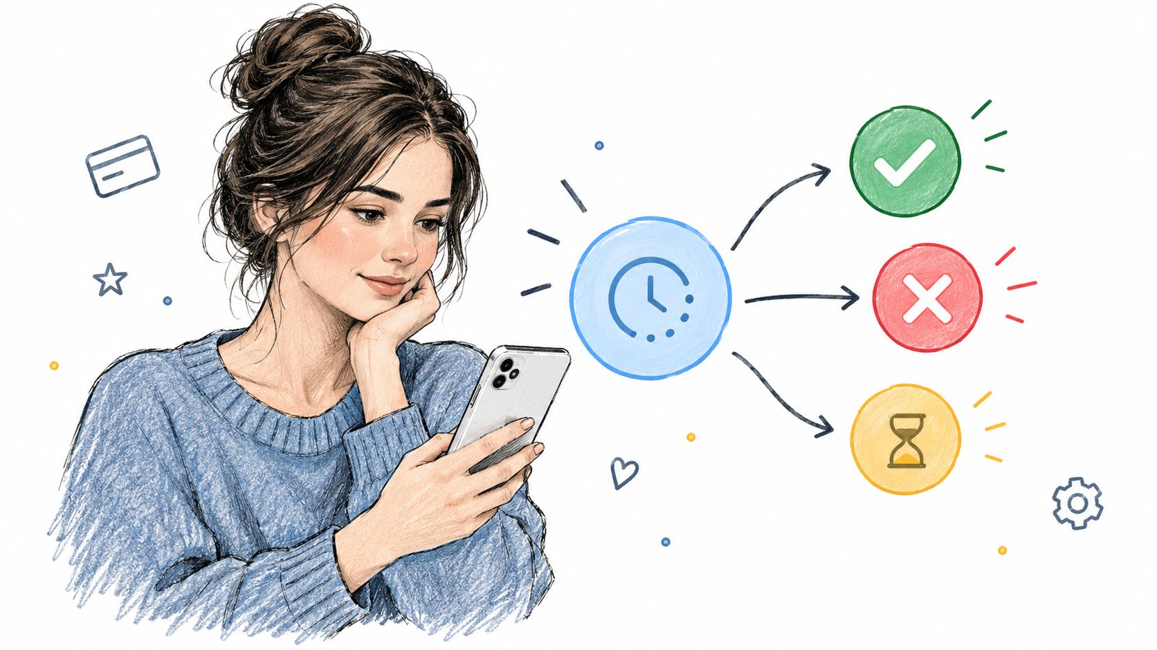 A woman holding a smartphone with illustration icons representing success, failure, and pending status options.