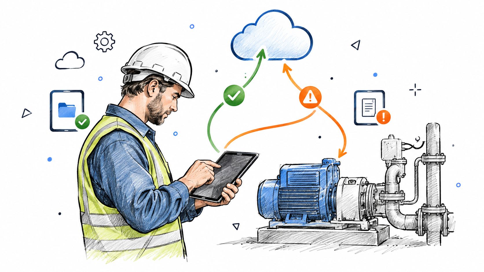 A technician wearing a hard hat and high-visibility vest uses a tablet to monitor industrial pump data.