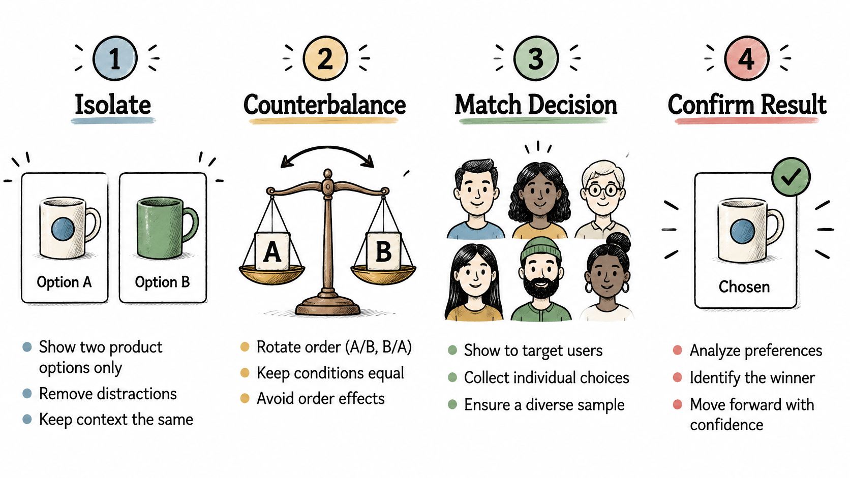 A four-step infographic illustrating a preference testing method using isolation, counterbalancing, diverse users, and result confirmation.