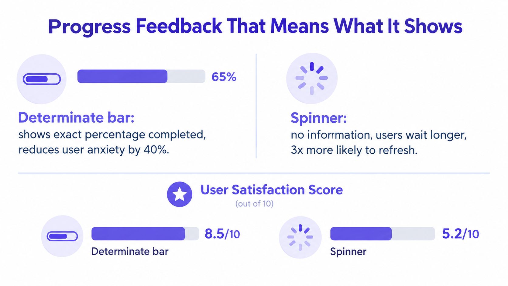 An infographic comparing determinate progress bars and loading spinners regarding user experience and satisfaction levels.