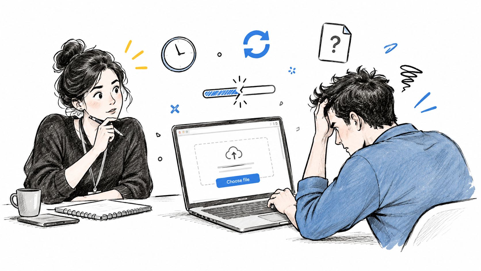 A woman looks at a man who is frustrated while working on a stalled file upload on laptop.