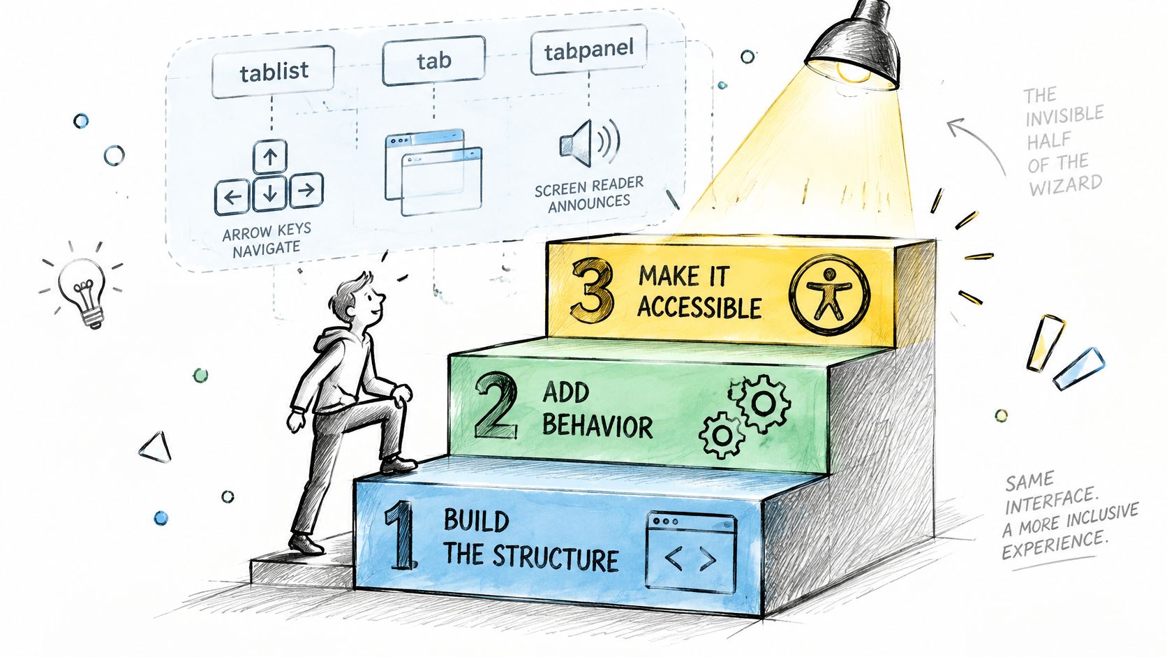 A diagram shows three steps to build accessible web interfaces: structure, behavior, and making it accessible.