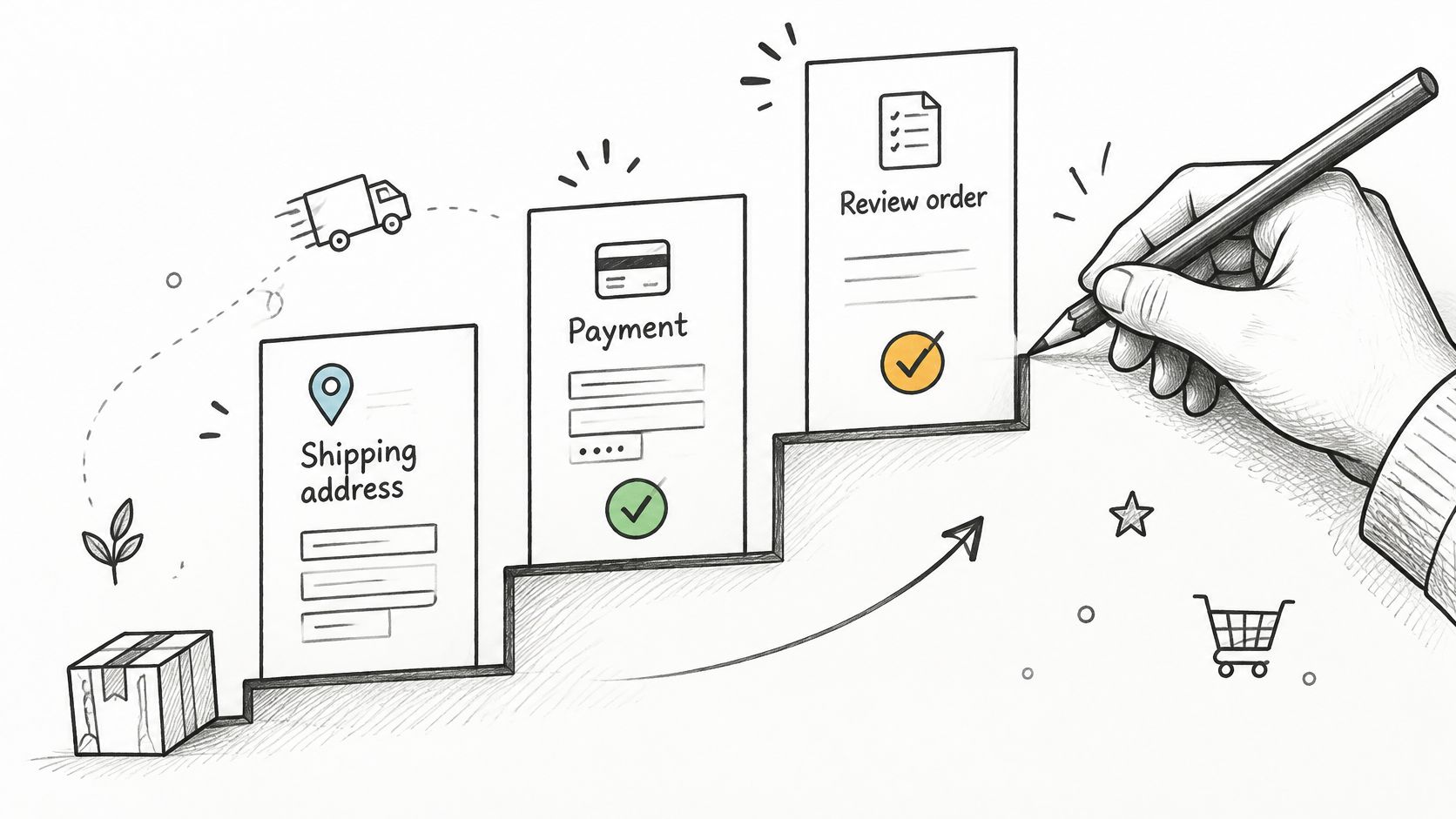 A hand-drawn illustration showing a multi-step checkout process with icons for shipping, payment, and order review.