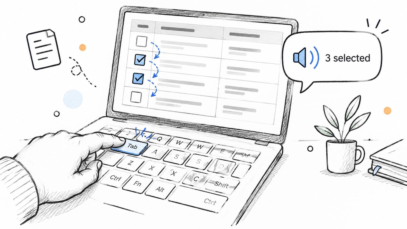 A hand presses the Tab key on a laptop, indicating bulk actions and multiple items selected.