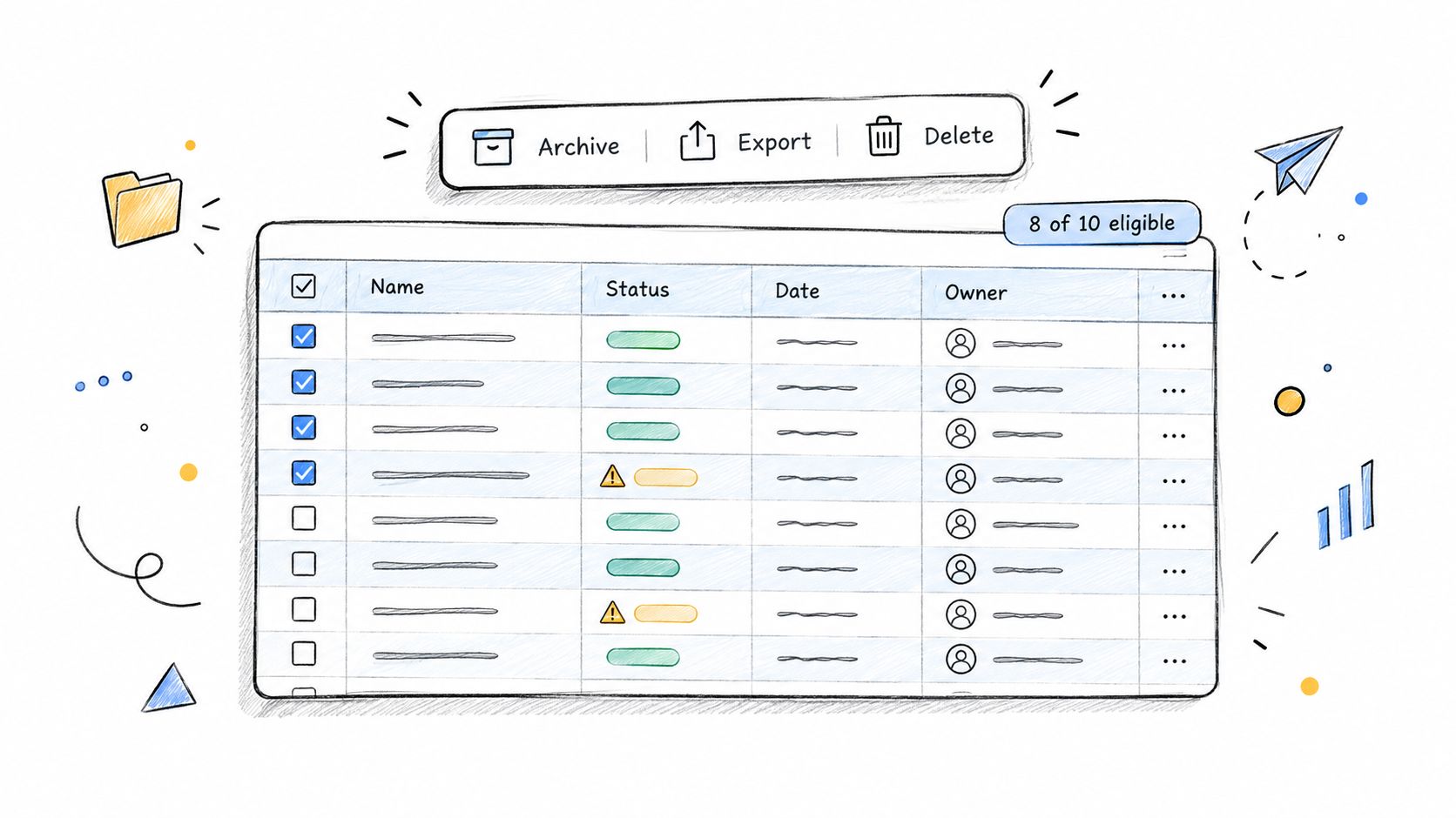 A hand-drawn sketch of a data table interface featuring checkboxes for bulk actions like archive and delete.