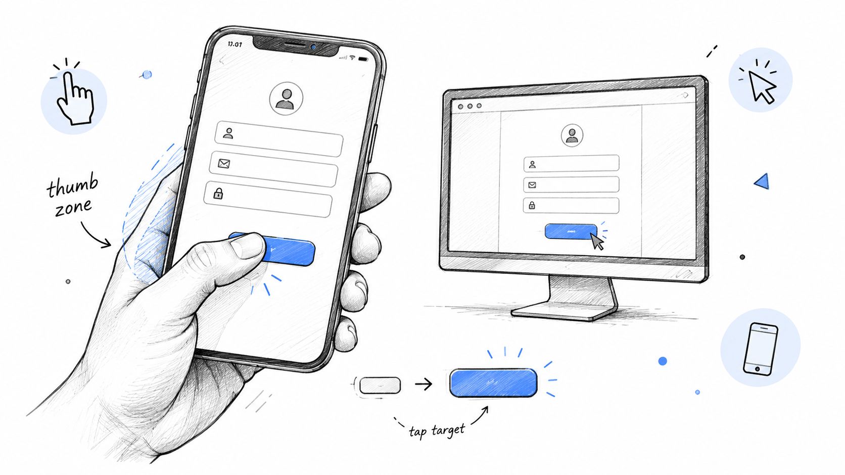 A hand-drawn illustration demonstrating optimal touch-friendly mobile button sizing compared to a desktop user interface.