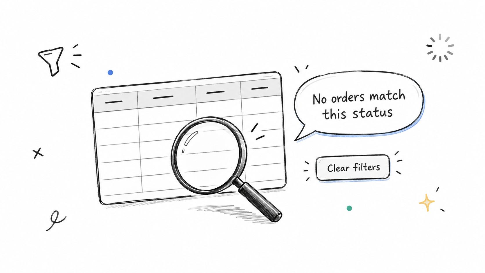 A hand-drawn illustration showing an empty data table with a magnifying glass and a no results message.