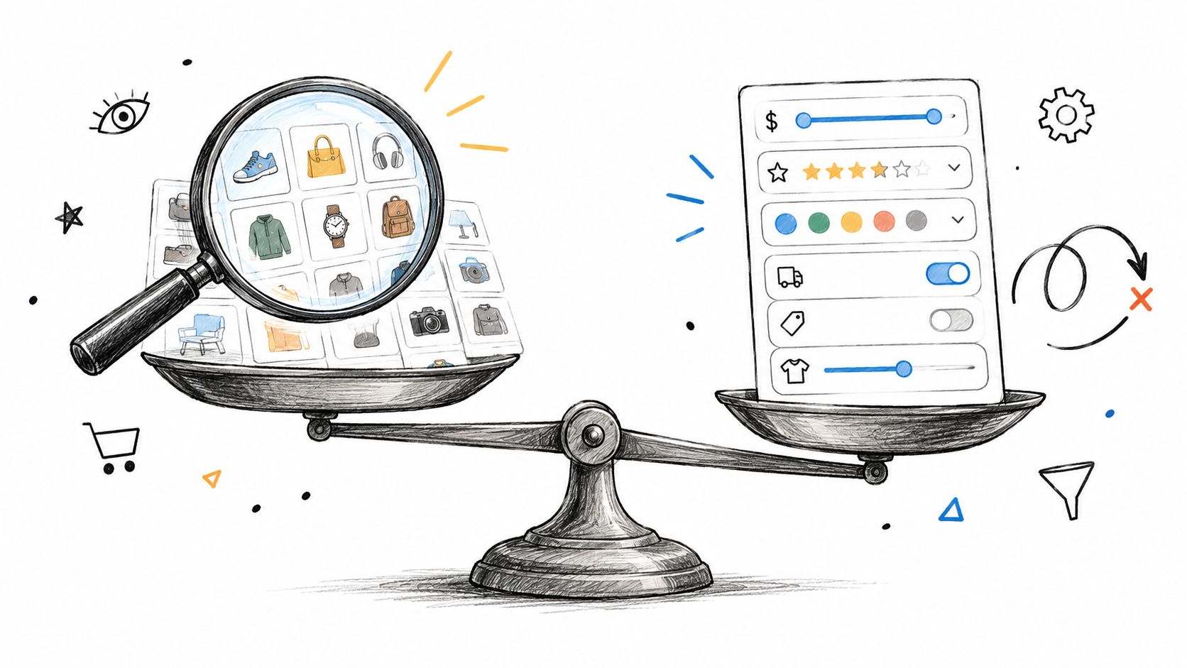 A conceptual illustration of a balance scale comparing shopping search results with filter settings.