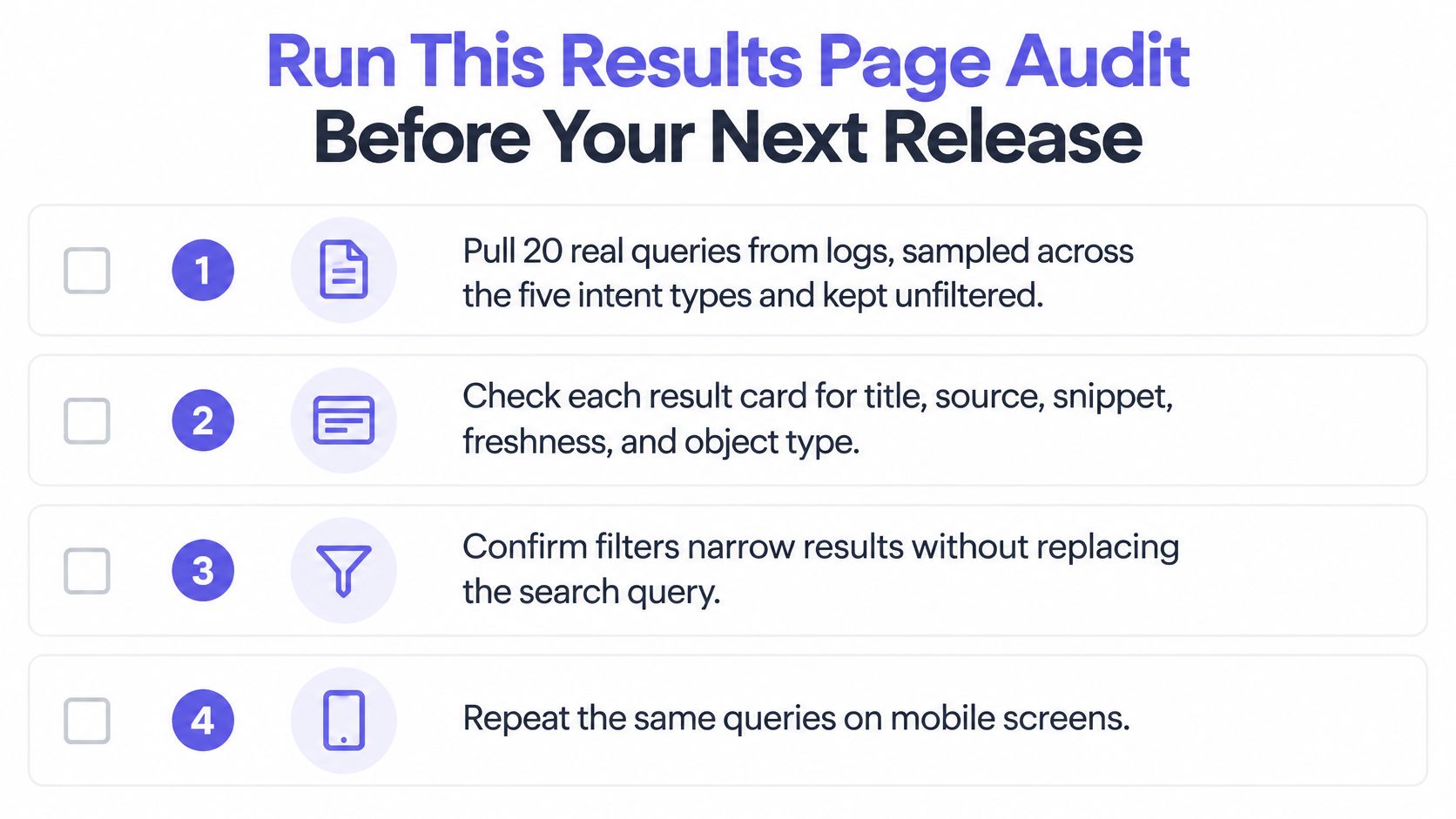 A checklist for performing a results page audit before a software or website search release.