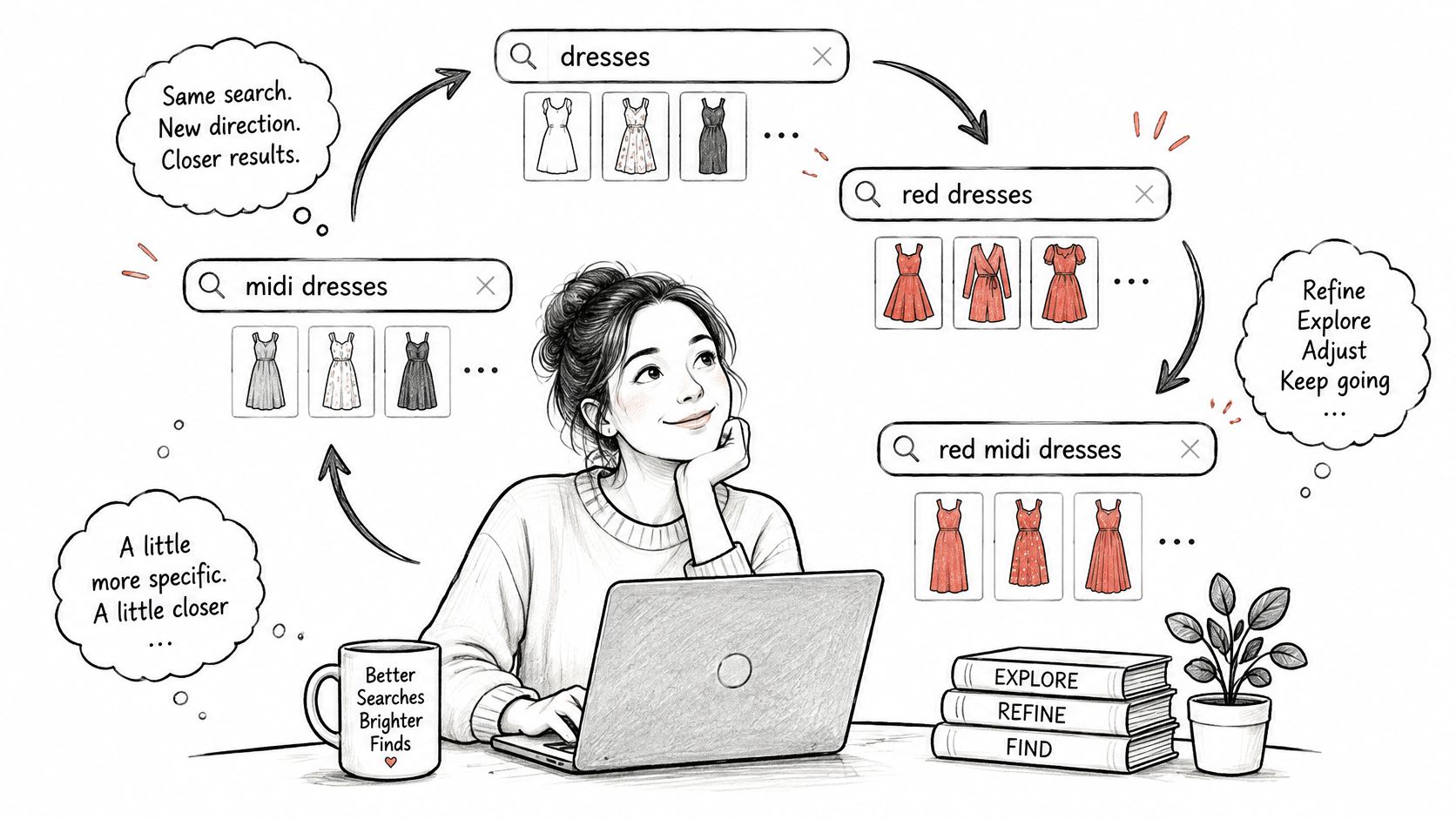 A woman using a laptop to refine her online shopping search with specific, iterative design keywords.