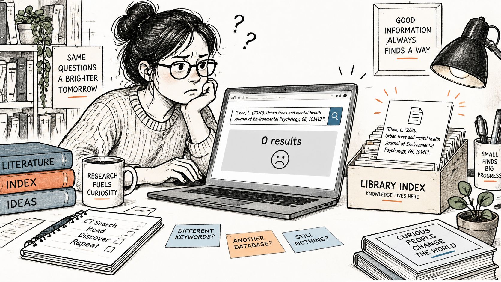 A frustrated researcher searching for a specific academic article on her laptop with zero results displayed.