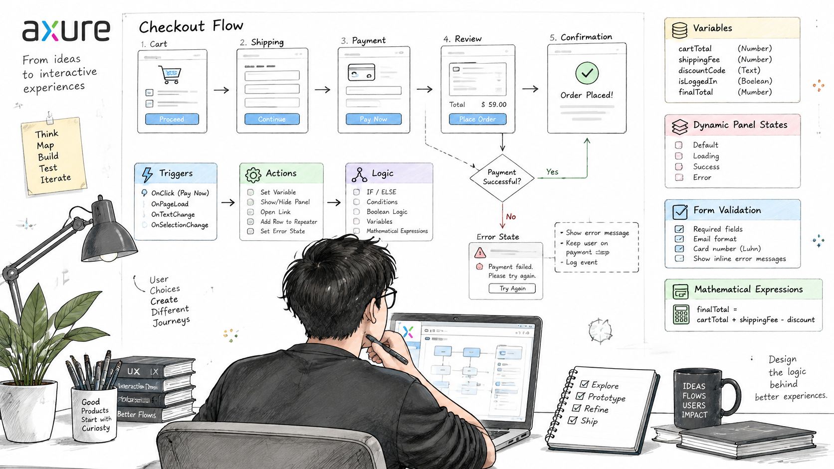 An illustration of a UX designer creating a checkout flow diagram for a web application using Axure.