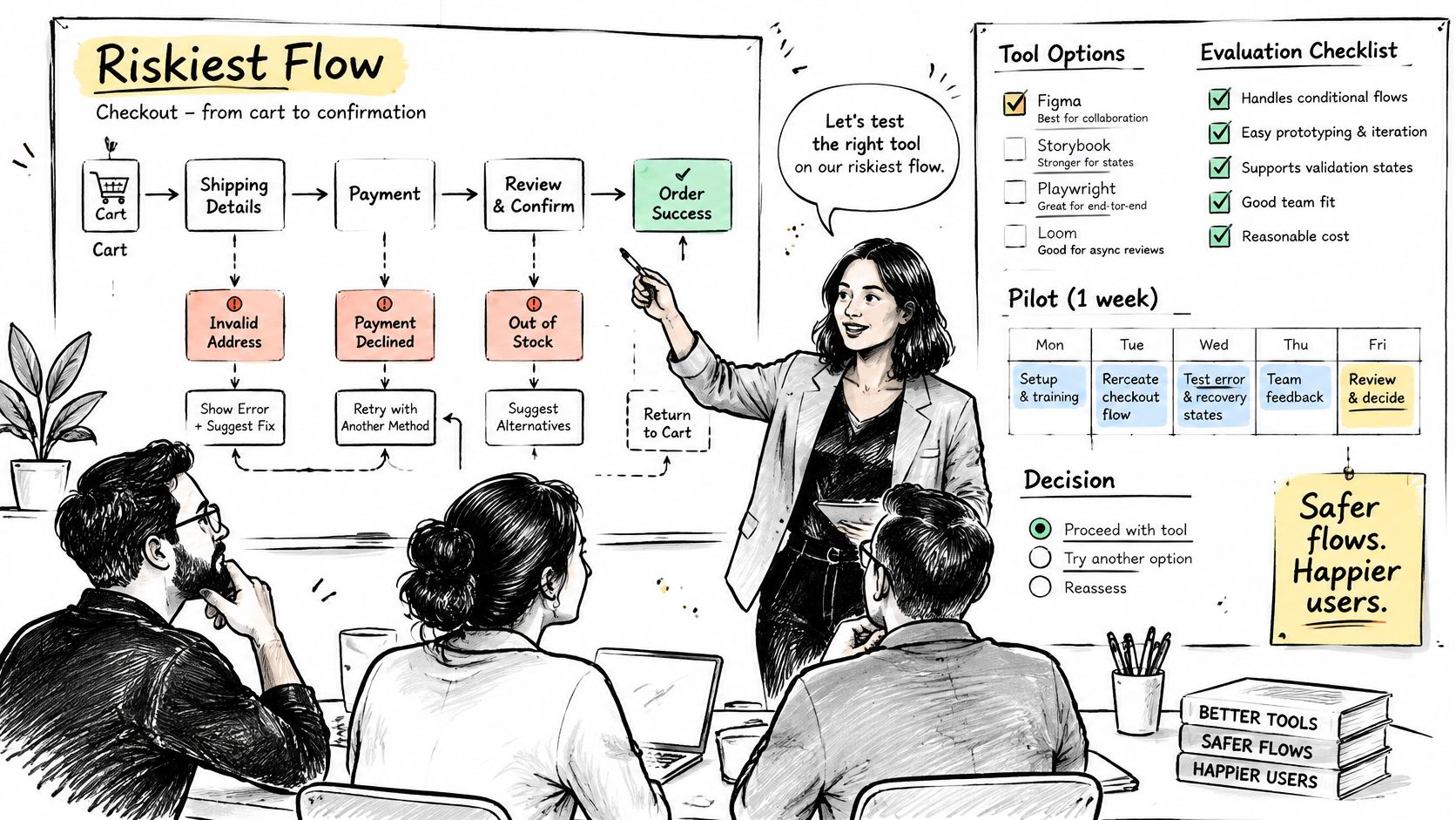 A team collaborating in a meeting while planning to test their riskiest checkout flow using prototyping tools.