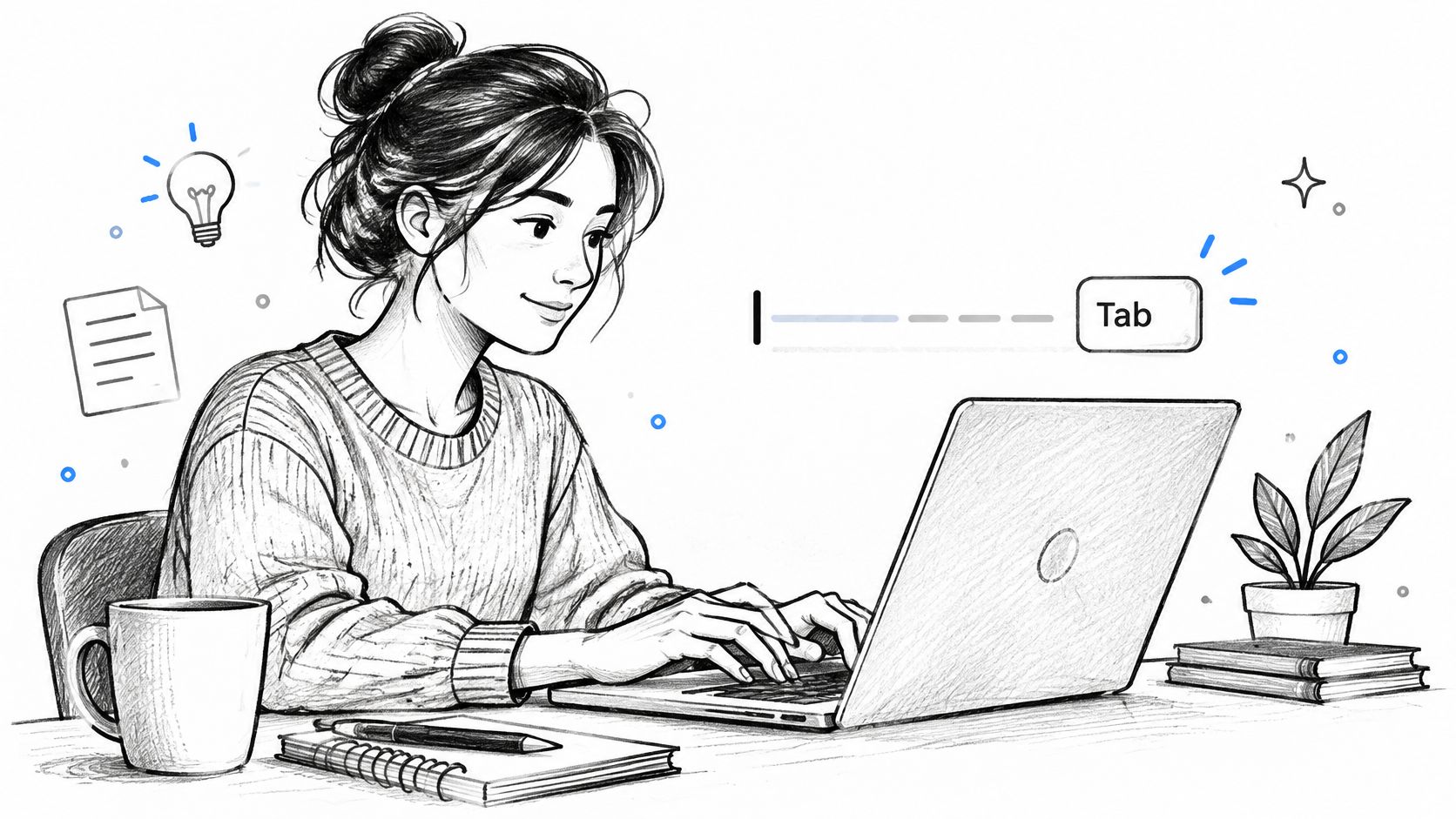 A black and white line drawing of a woman working on a laptop with a tab key suggestion.