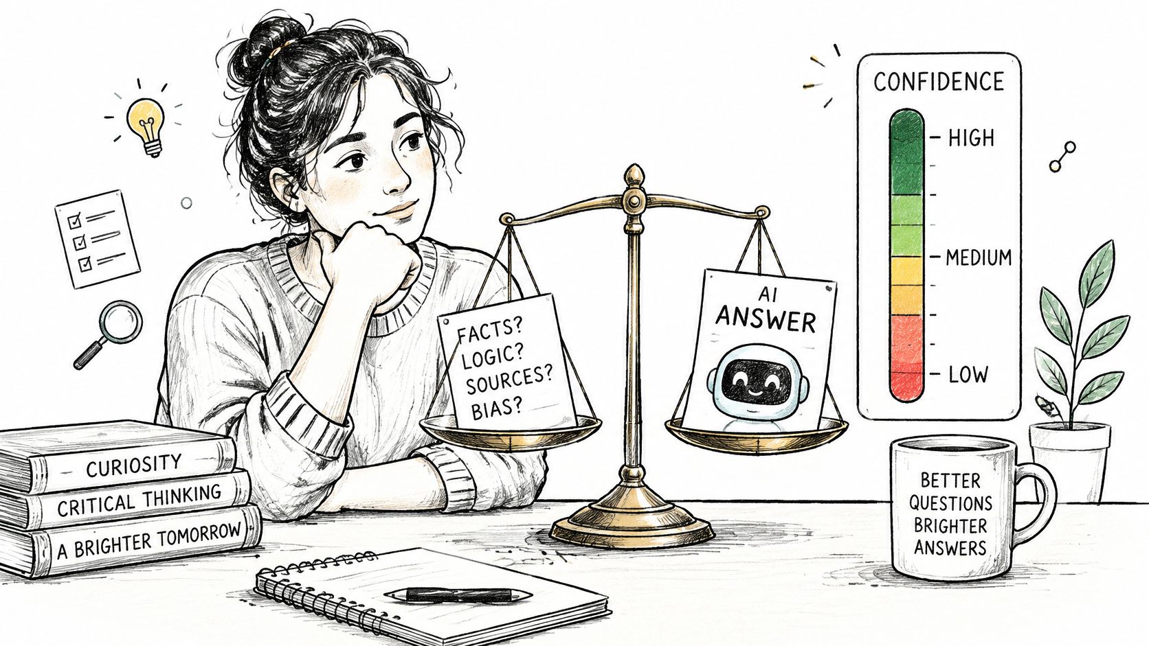 A woman thoughtfully evaluating an AI-generated answer using critical thinking, logic, and fact-checking on a balance scale.