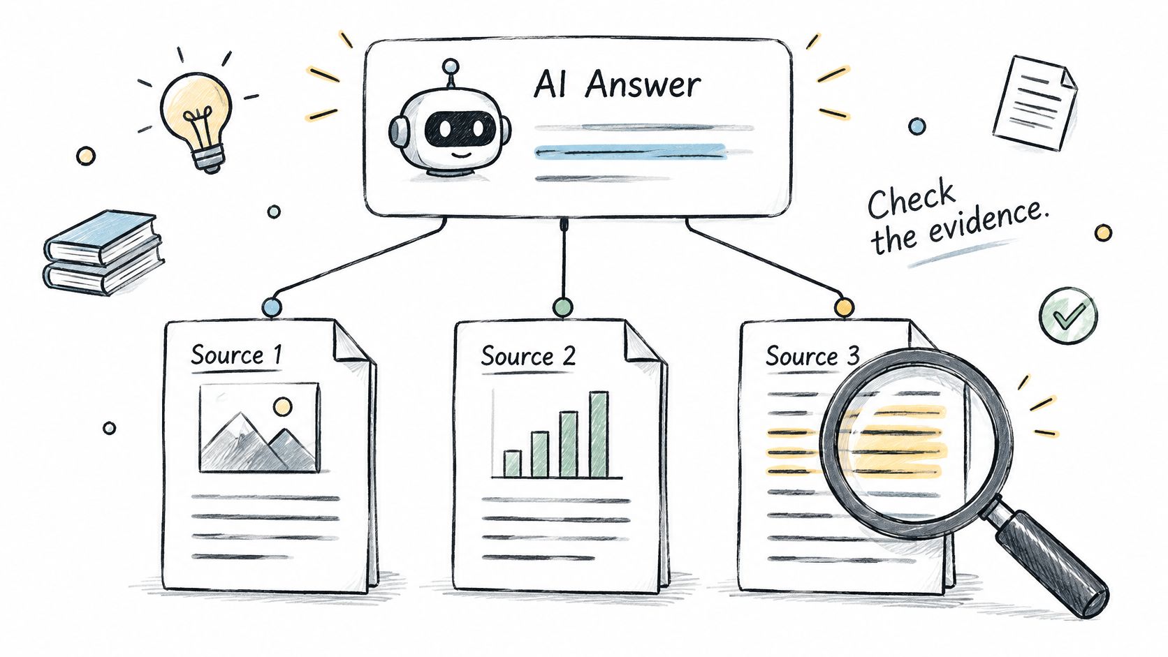 A hand-drawn illustration showing an AI answer box connected to three distinct sources with a magnifying glass.