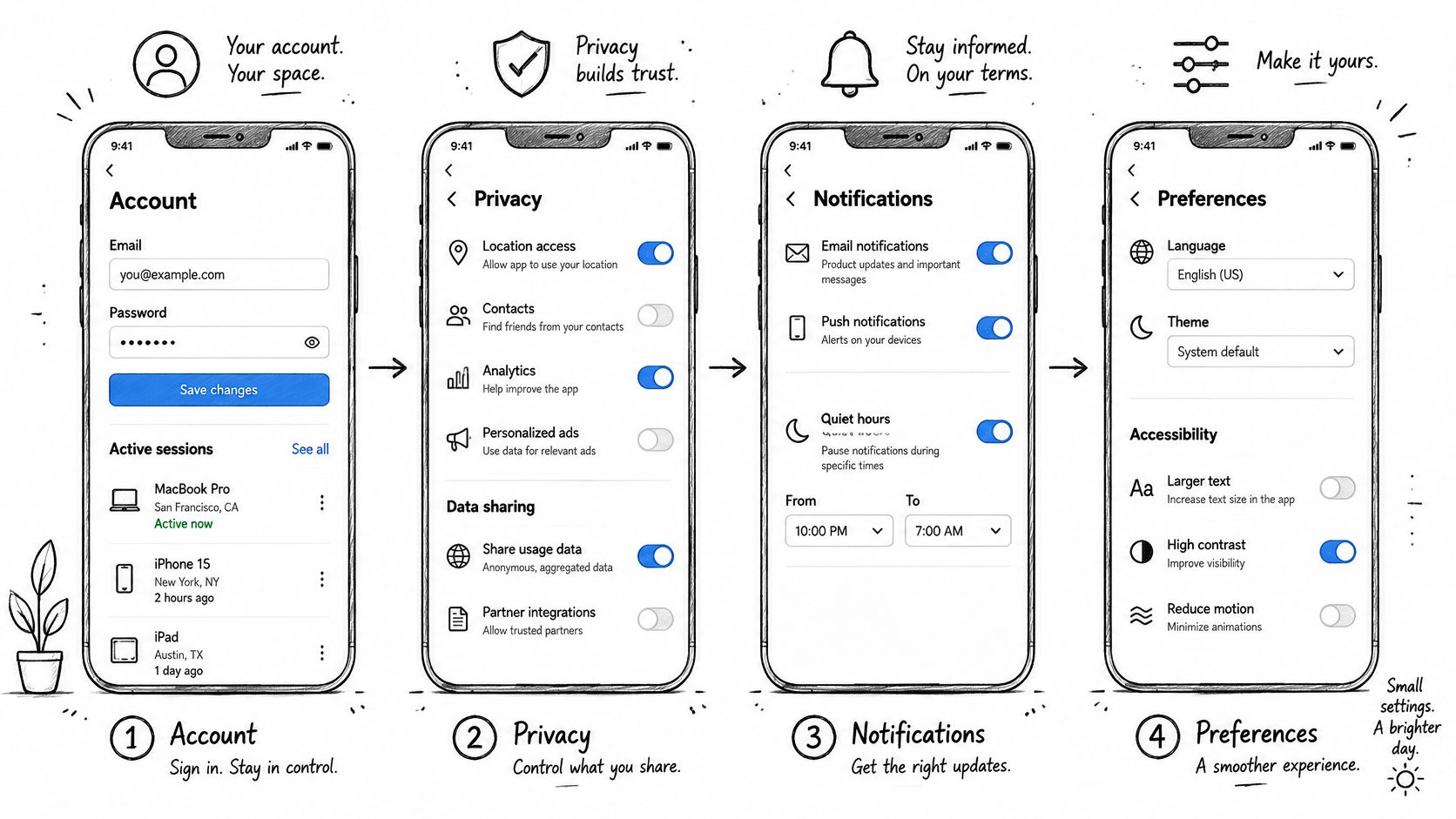 A mobile interface design mockup showing four screens for account, privacy, notification, and preference settings.