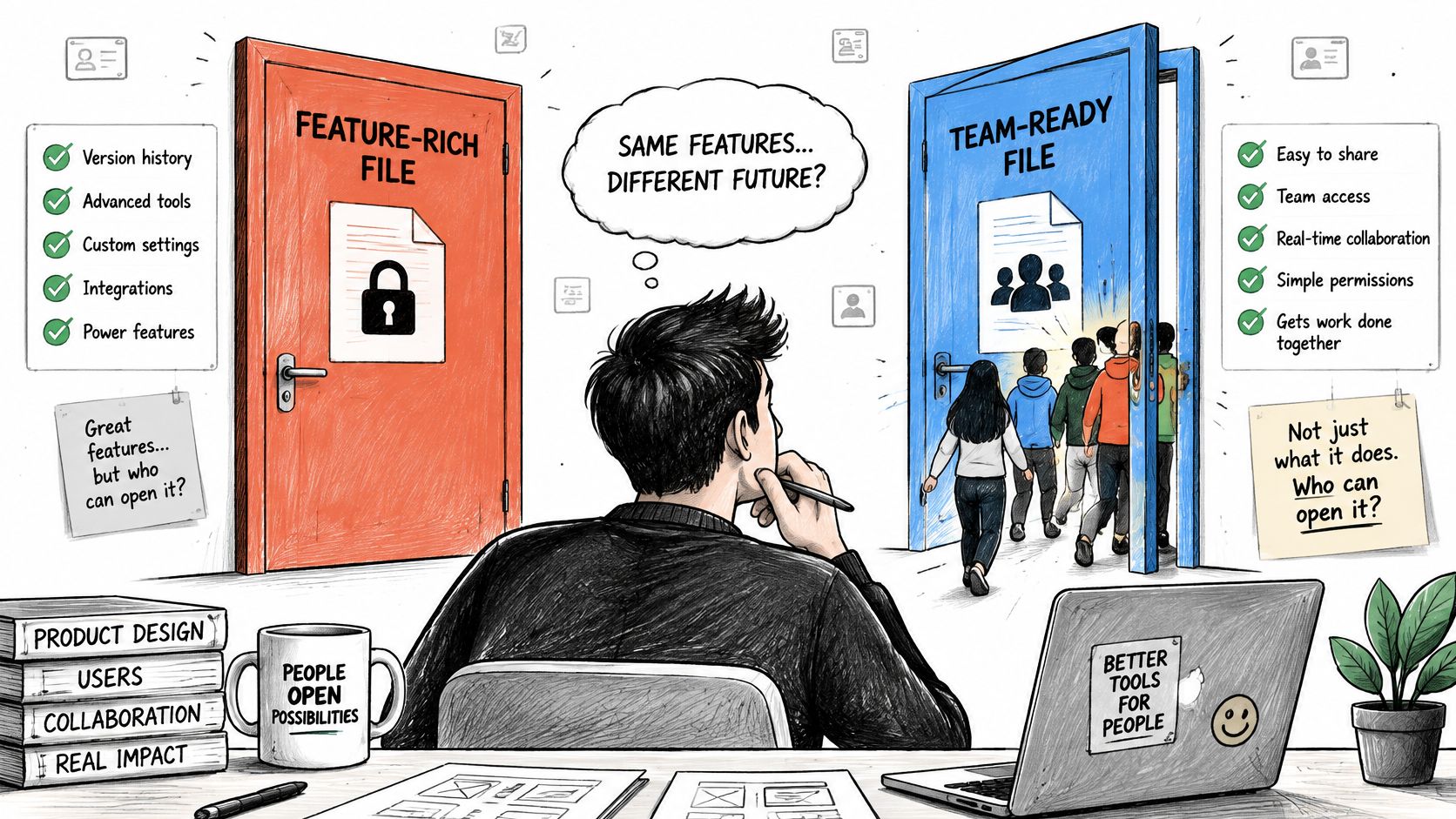 A person contemplating the choice between complex, restrictive software files and accessible, collaborative team-ready file formats.