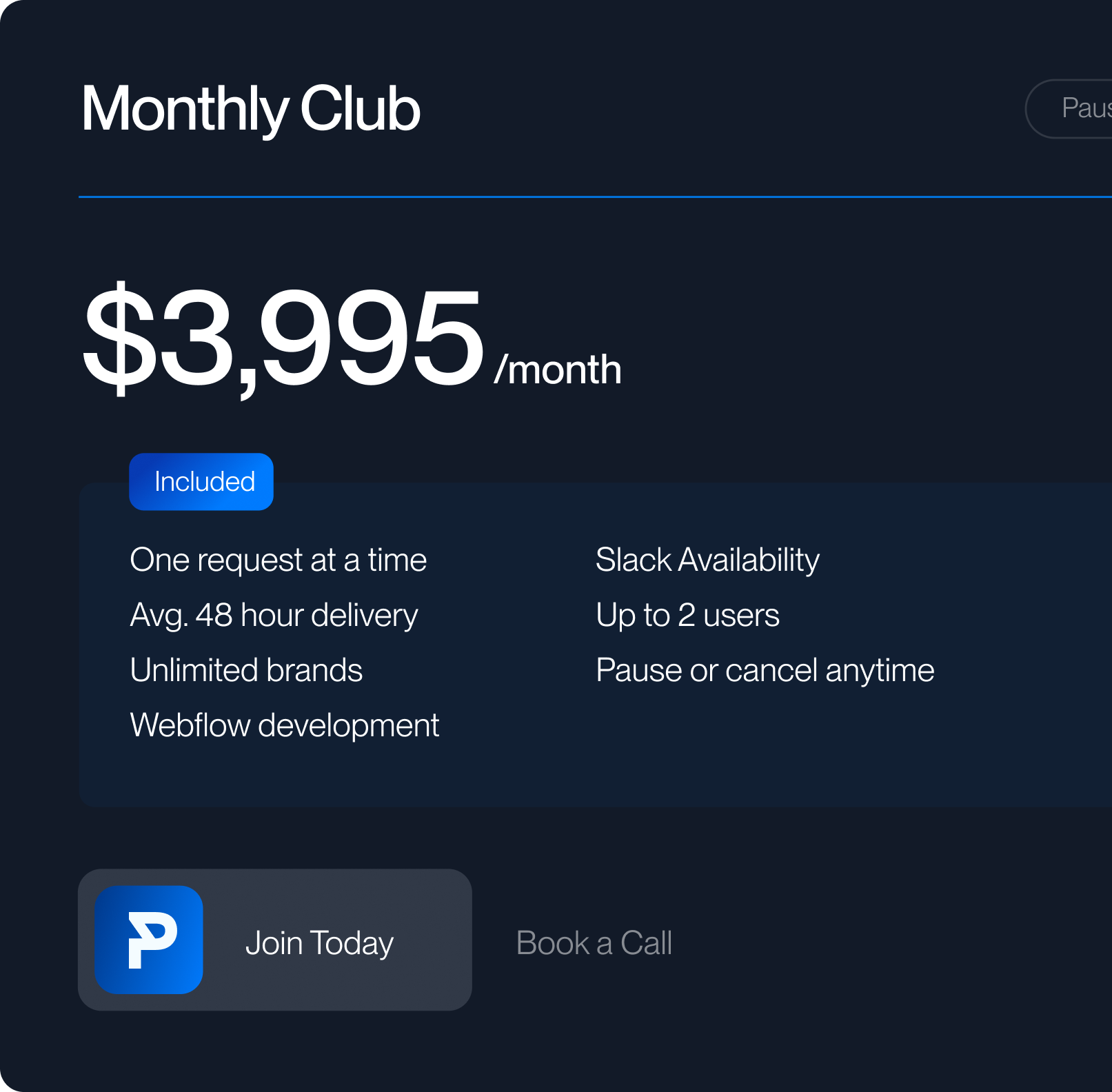Monthly Club subscription priced at $3,995 per month includes one request at a time, 48-hour delivery, unlimited brands, Webflow development, Slack availability, up to 2 users, and option to pause or cancel anytime, with a Join Today button.