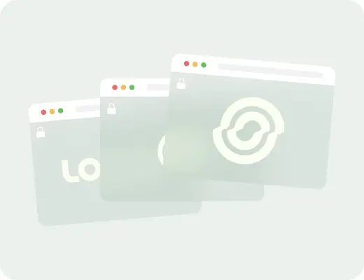 Three overlapping browser windows with a lock icon and a logo consisting of a circular design on the rightmost window.